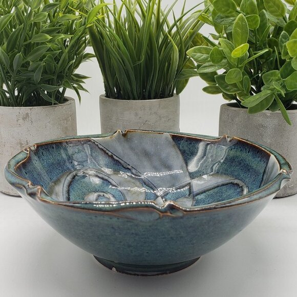Blue Grey Scroll Decorative Art Pottery Bowl AS IS - Picture 3 of 9
